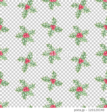 Holly branches with lush green leaves and red berries arranged in a seamless watercolor pattern. Ilex clipart for seasonal fabric designs, decorative products, and festive merchandise 120120140