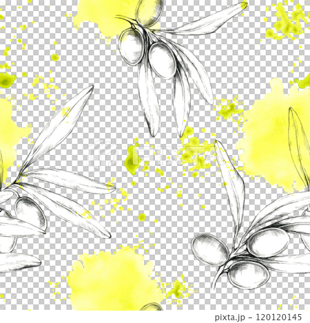 Pencil-drawn olive branches and olives with yellow splashes of watercolor accents form a seamless pattern. Great for fabric prints, stationery, or wallpaper, bringing a fresh organic motif to designs 120120145