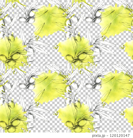 A seamless pattern of olive branches and olives sketched in pencil with hints of yellow ink accents. Clipart Perfect for textiles, wallpaper, or stationery design, offering a fresh botanical look 120120147