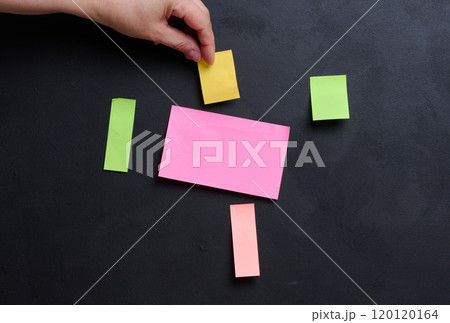 Multicolored stickers attached by a woman's hand on a black chalk board 120120164