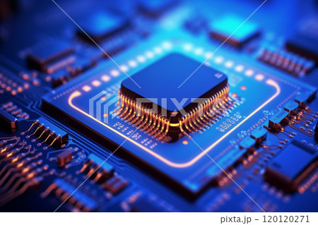 Closed up of CPU on the circuit board with blue lighting. Technology, innovation and future concept. 120120271