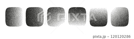 Geometric gradient dot pattern with grainy texture and noise effect. Black and white square with dust details. Flat vector illustration isolated on white background. 120120286