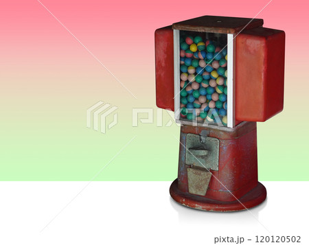 side view antique red and white gumball machine on white floor, gradient green and red background, object, play, toy, decor, fashion, copy space side view antique red and white gumball machine on white floor, gradient green and red background, object, play, toy, decor, fashion, copy space 120120502
