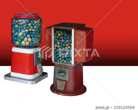 side view two antique red and white gumball machine on white floor, gradient red background, object, play, toy, decor, fashion, copy space side view two antique red and white gumball machine on white floor, gradient red background, object, play, toy, decor, fashion, copy space 120120504