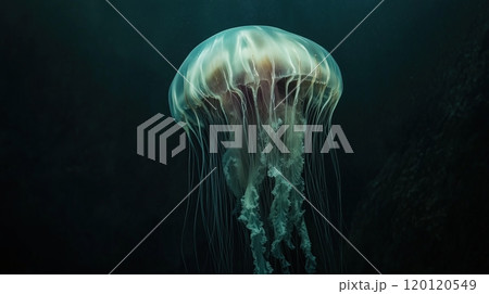 Giant jellyfish swimming in dark water 120120549
