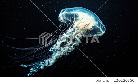 Giant jellyfish swimming in dark water 120120550