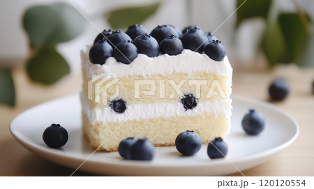 Japanese fluffy cake topped with blueberries on plate 120120554