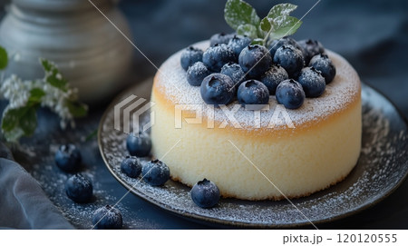 Japanese fluffy cake topped with blueberries on plate 120120555