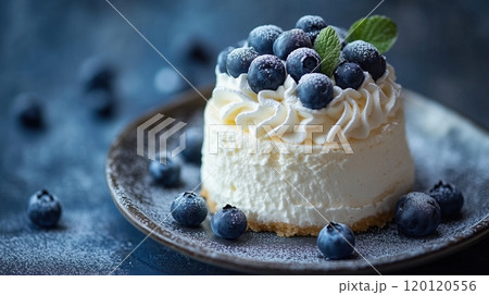 Japanese fluffy cake topped with blueberries on plate 120120556