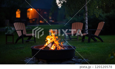 Outdoor fire pit in the backyard, with lawn chairs 120120578