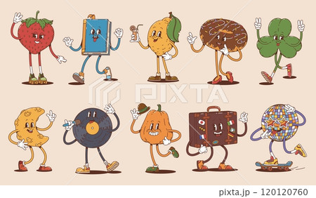 Cartoon retro groovy characters with happy faces. Funky personages of vector hippie disco ball, strawberry, lemon fruit and moon, vintage suitcase, vinyl record, donut, book, clover and pumpkin Cartoon retro groovy characters with happy faces. Funky personages of vector hippie disco ball, strawberry, lemon fruit and moon, vintage suitcase, vinyl record, donut, book, clover and pumpkin 120120760