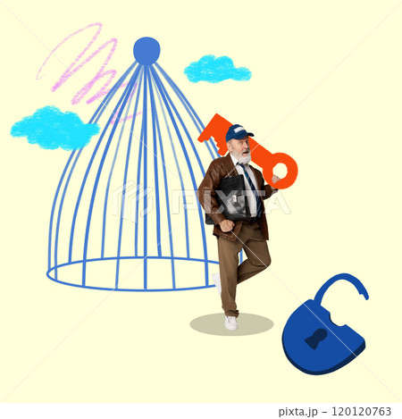 Elderly man walking away from cage with large key, symbolizing freedom, mental liberation, psychological well-being. Contemporary art collage. 120120763