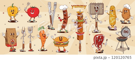 Retro groovy barbeque characters, cartoon bbq grill personages. Vector food and tools, bell pepper, tomato, meat steak and skewers, sausage, charcoal, burger and corn or potato with expressive faces Retro groovy barbeque characters, cartoon bbq grill personages. Vector food and tools, bell pepper, tomato, meat steak and skewers, sausage, charcoal, burger and corn or potato with expressive faces 120120765