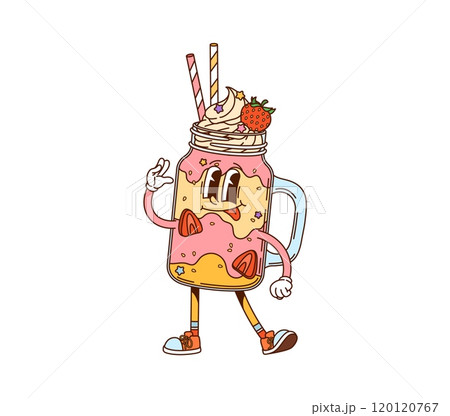 Cartoon groovy milkshake dessert fast food character. Isolated vector retro drink personage in mason jar with whipped cream, straw and a strawberry on its top, wearing sneakers and gives a hippie sign Cartoon groovy milkshake dessert fast food character. Isolated vector retro drink personage in mason jar with whipped cream, straw and a strawberry on its top, wearing sneakers and gives a hippie sign 120120767