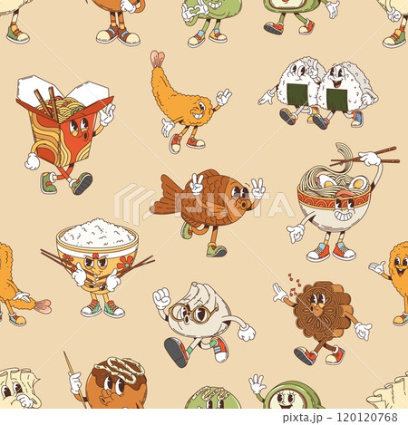 Seamless pattern of retro groovy Japanese, Korean and Chinese cuisine characters. Asian dishes exude joyful and fun vibes. Vector tile background for apparel, textile, wallpaper or wrapping wallpaper Seamless pattern of retro groovy Japanese, Korean and Chinese cuisine characters. Asian dishes exude joyful and fun vibes. Vector tile background for apparel, textile, wallpaper or wrapping wallpaper 120120768