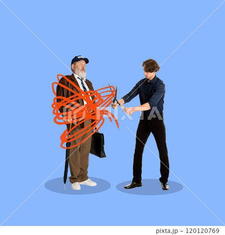Young man using scissors to cut through tangled mess around elderly man, symbolizing mental clarity and support. Contemporary art collage. 120120769