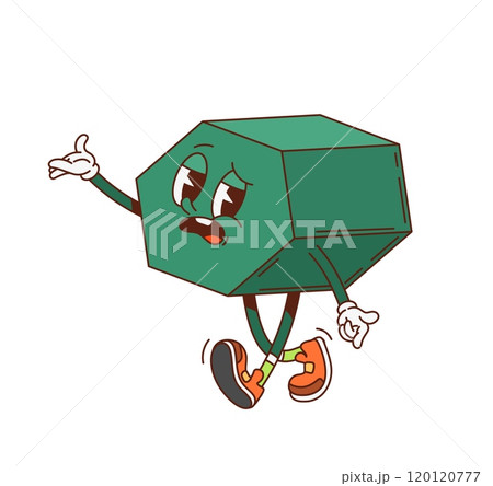 Groovy math hexagon geometric figure character. Elementary school basic figure childish vintage character, kids education math shape cute cartoon vector personage. Hexagon sad groovy isolated mascot 120120777