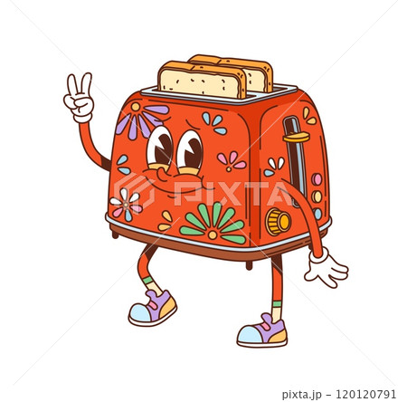 Groovy toaster character with smiling face, peace sign and fried toast slice popping out. Cartoon vector red retro toaster with floral pattern. Nostalgic kitchen appliance personage cooking breakfast Groovy toaster character with smiling face, peace sign and fried toast slice popping out. Cartoon vector red retro toaster with floral pattern. Nostalgic kitchen appliance personage cooking breakfast 120120791