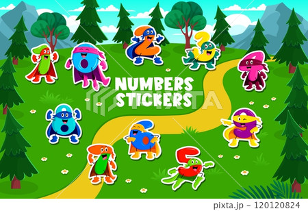 Stickers pack of cartoon math number characters. Cartoon Fun and colorful numeral personages dressed as superheroes in fantasy forest landscape, offering a playful way to learn numbers for children 120120824