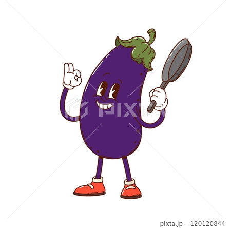 Groovy eggplant vegetable cute character. Agriculture healthy eggplant vegetable cheerful cartoon vector character, farm organic harvest isolated mascot or farming market veggie groovy personage 120120844