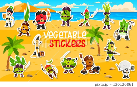 Vegetable pirate and corsair characters stickers pack. Fun and adventurous patches featuring cartoon veggies personages dressed as corsairs with hats, guns and treasures on the secret island beach 120120861