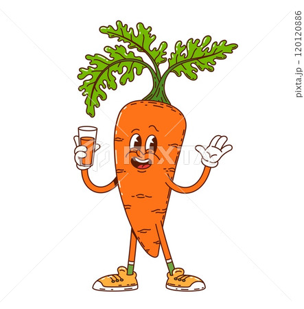 Groovy carrot vegetable funny character with juice. Farming market ripe carrot vegetable cheerful cartoon vector personage, agriculture healthy product or vegetarian food isolated groovy character 120120886