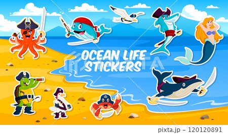 Sea pirate animal and mermaid characters stickers pack. Vector patches with playful cartoon octopus, turtle, seagull and shark, crab or whale dressed as corsairs on treasure island with sandy beach 120120891