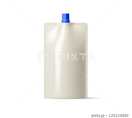 Mayonnaise sauce container package with a blue cap. Realistic 3d vector pouch bag for convenient storage and dispensing mayo condiment. Modern culinary and kitchen packaging for food product showcase 120120892