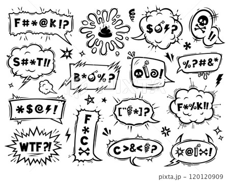 Comic swear speech bubbles and curse or expletive angry bad words, cartoon vector. Comic swear speech bubbles or censored message clouds with explicit text symbols of hate yell and anger emoji Comic swear speech bubbles and curse or expletive angry bad words, cartoon vector. Comic swear speech bubbles or censored message clouds with explicit text symbols of hate yell and anger emoji 120120909