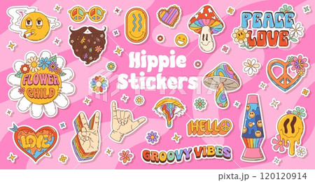 Groovy hippie y2k symbols stickers pack. Retro patches of peace sign, flower power motifs, lava lamp, mushrooms and phrases like flower child and groovy vibes, celebrates free-spirited hippie culture Groovy hippie y2k symbols stickers pack. Retro patches of peace sign, flower power motifs, lava lamp, mushrooms and phrases like flower child and groovy vibes, celebrates free-spirited hippie culture 120120914