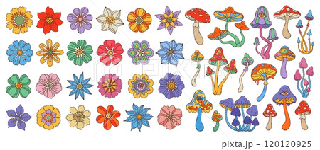 Groovy flowers and mushrooms in vibrant colors. Vector set featuring whimsical blossoms and psychedelic fungi plants, eclectic and playful blooms with bright petals and mushrooms in hippie boho style 120120925