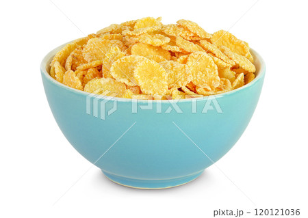 Cornflakes in ceramic bowl isolated on white background. Cornflakes in ceramic bowl isolated on white background. 120121036
