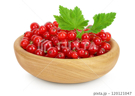 Red currant berries in a wooden bowl isolated on white background Red currant berries in a wooden bowl isolated on white background 120121047