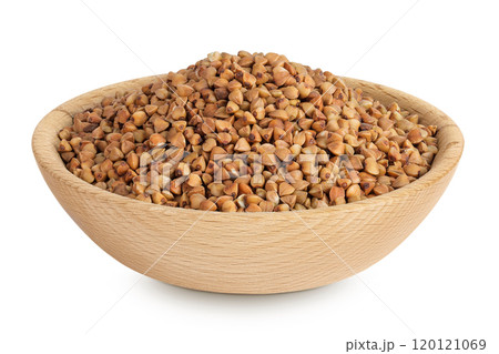 Raw buckwheat in wooden bowl isolated on white background 120121069