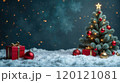A minimal Christmas tree with red ornaments and a golden star on top surrounded by white snow with a teal blue and sparkling gold background. 120121081