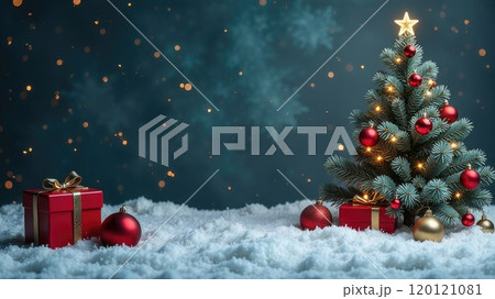 A minimal Christmas tree with red ornaments and a golden star on top surrounded by white snow with a teal blue and sparkling gold background. 120121081