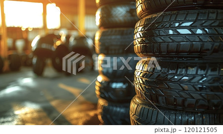 A large stack consisting of a bunch of tires is piled on one another A large stack consisting of a bunch of tires is piled on one another 120121505