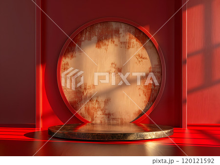 Chinese-Inspired Red Podium with Circular Wall Art 120121592