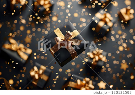 Black Gift Boxes with Gold Ribbons and Glitter 120121593