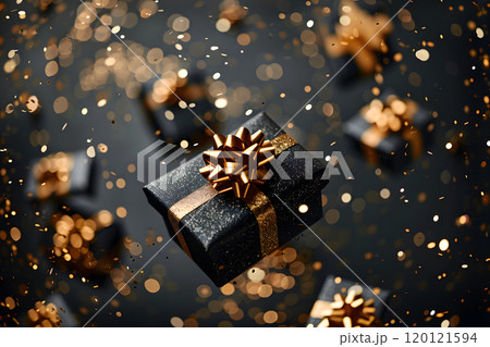 Black Gift Boxes with Gold Ribbons and Glitter 120121594