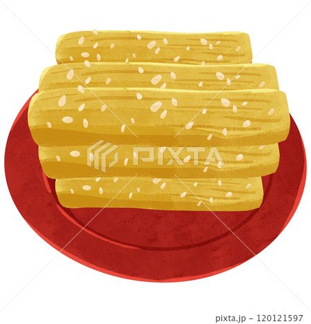 赤の小皿とたたきごぼう　水彩風手描きイラスト 120121597