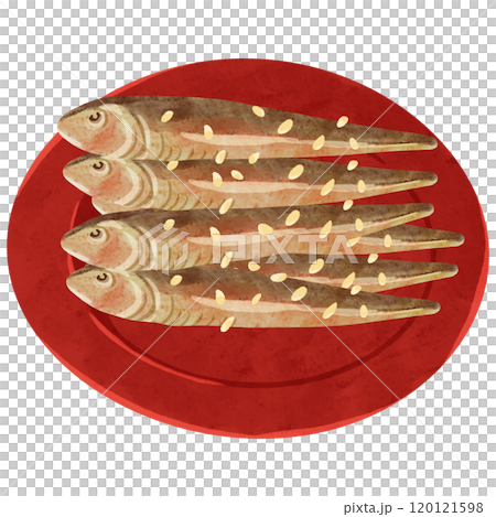 Red small plate and dried sardines watercolor hand-drawn illustration Red small plate and dried sardines watercolor hand-drawn illustration 120121598