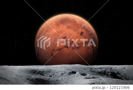 Moon and Mars. Moon surface with craters. 120121906