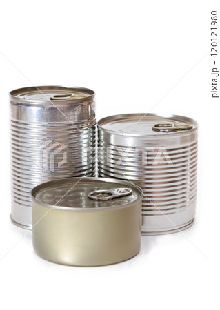 A Group of Stacked Tin Cans with Blank Edges Isolated on White 120121980