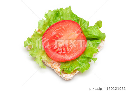 Rice Cake Sandwich with Tomato and Lettuce - Isolated 120121981