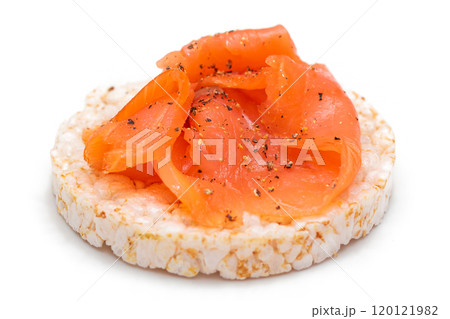 Rice Cake Sandwich with Fresh Salmon Slices Isolated on White Rice Cake Sandwich with Fresh Salmon Slices Isolated on White 120121982