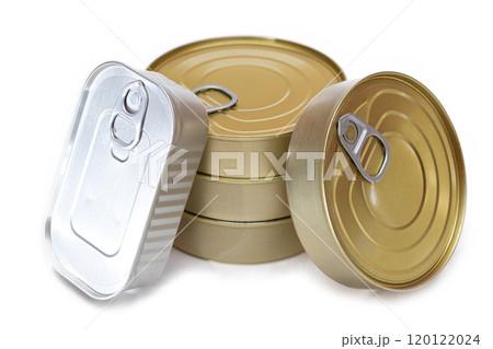 A Group of Stacked Tin Cans with Blank Edges Isolated on White 120122024