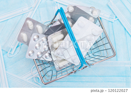 Pills and Capsules in Shopping Basket on the Surgical Masks 120122027