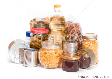Food Reserves: Canned Food, Spaghetti, Pate, Tuna, Tomato Juice, Pasta, Fish and Grocery - Isolated Food Reserves: Canned Food, Spaghetti, Pate, Tuna, Tomato Juice, Pasta, Fish and Grocery - Isolated 120122108