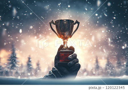 Golden Trophy Held in Victory Against Winter Backdrop 120122345